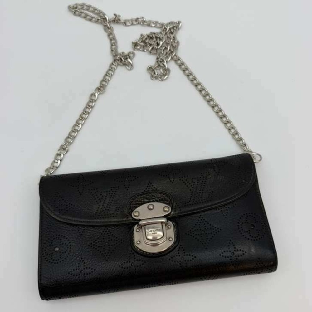 Authentic Louis Vuitton Mahina Black Leather Long Wallet Monogram Wallet W/Chain